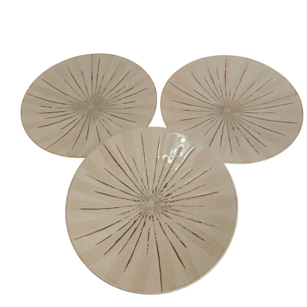 3 Pier1 Santuary Dinner Plates 11.5" starburst cream brown 2004 rustic boho flaw